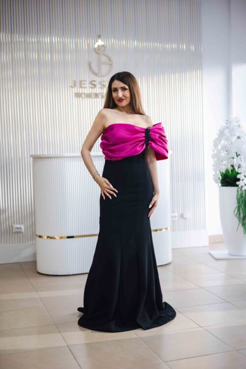 Rochie lungă cu fundă fucsia